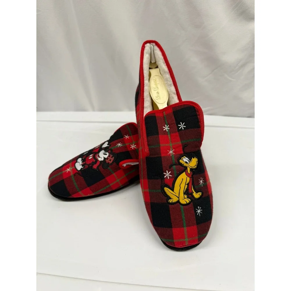 Disney Store NWOT Holiday Mickey Mouse & Pluto Plaid Adult Slippers 9/10M 11/12L